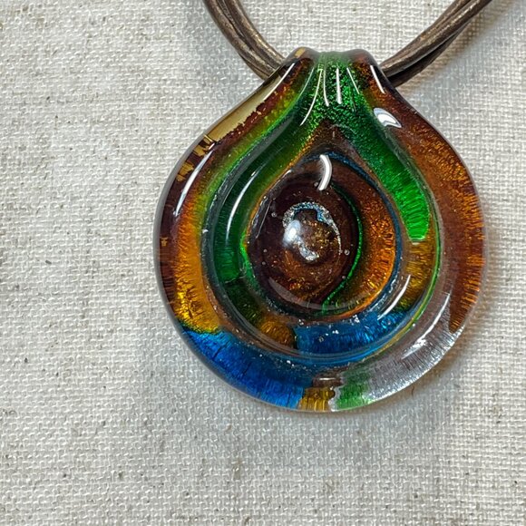 Vintage Fairy Core Green Brown Blue Glass Spiral Corded Pendant Necklace Choker - Picture 8 of 10